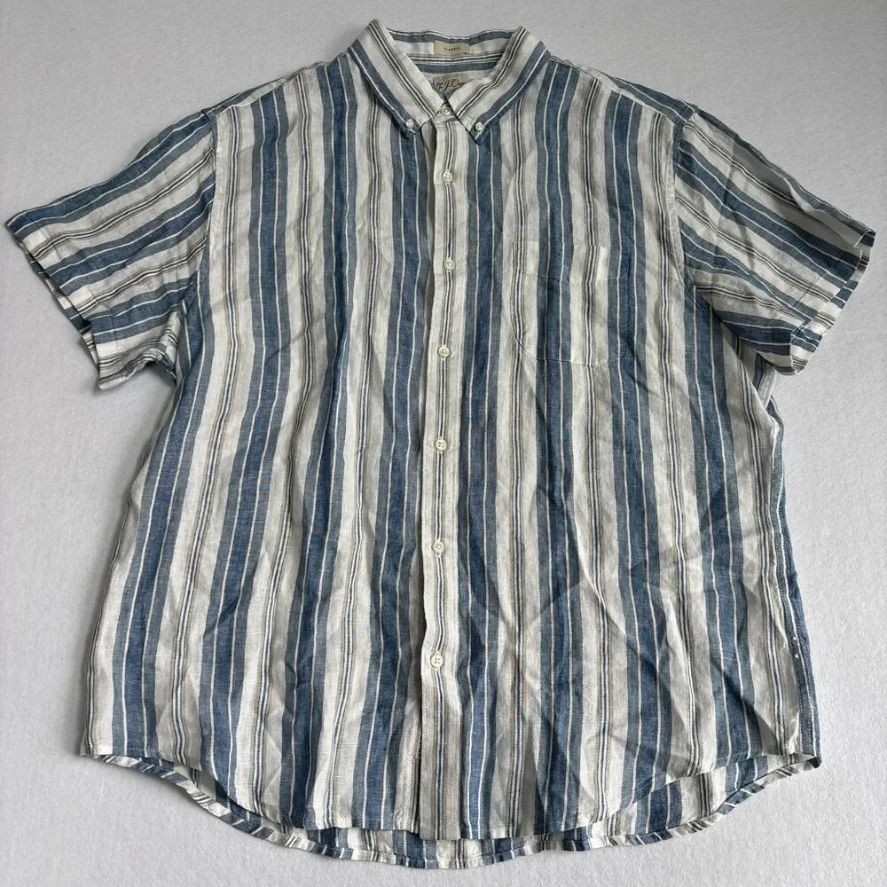 J. Crew Irish Linen Button Down Shirt Mens XL Striped Short Sleeve Preppy Resort